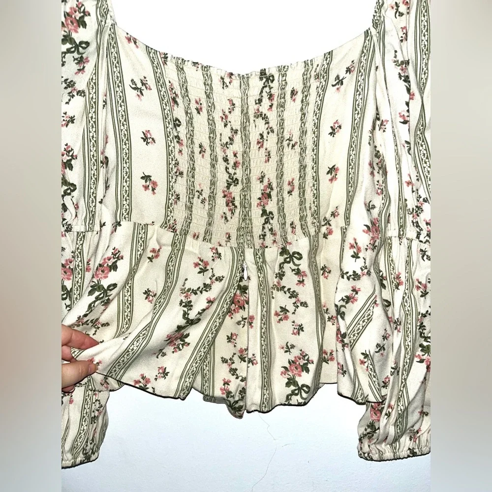 Reformation Cream Floral Peasant Blouse with Pink and Green Accents